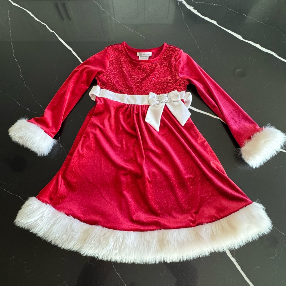 Bonnie Jean Red Velvet Dress with‎ White Trim